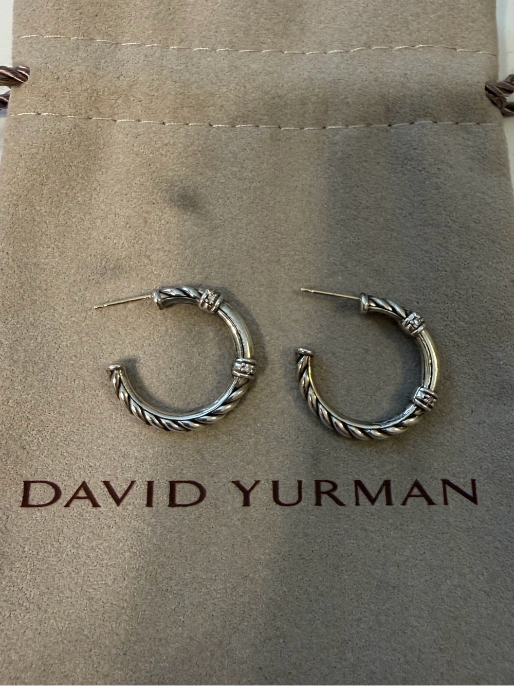 David Yurman Sculpted Cable and Diamond Sterling Silver Hoop Earrings w/ Bag